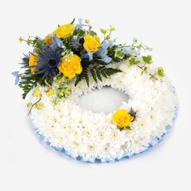White Massed Wreath Blue & Yellow